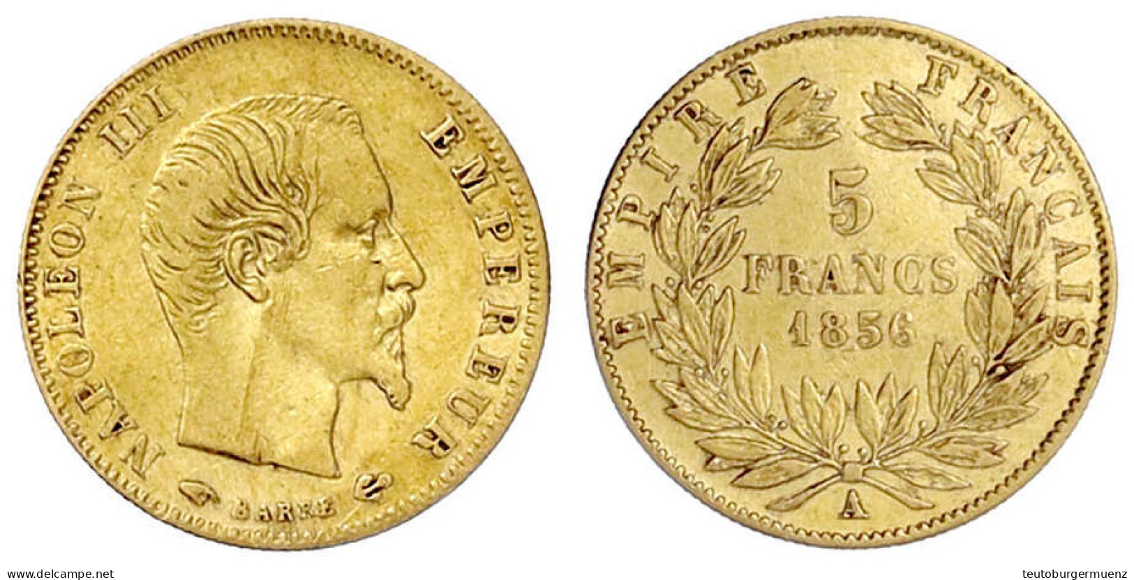5 Francs 1856 A, Paris. 1,61 G. 900/1000. Fast Sehr Schön. Gadoury 1001. - 5 Francs (oro)