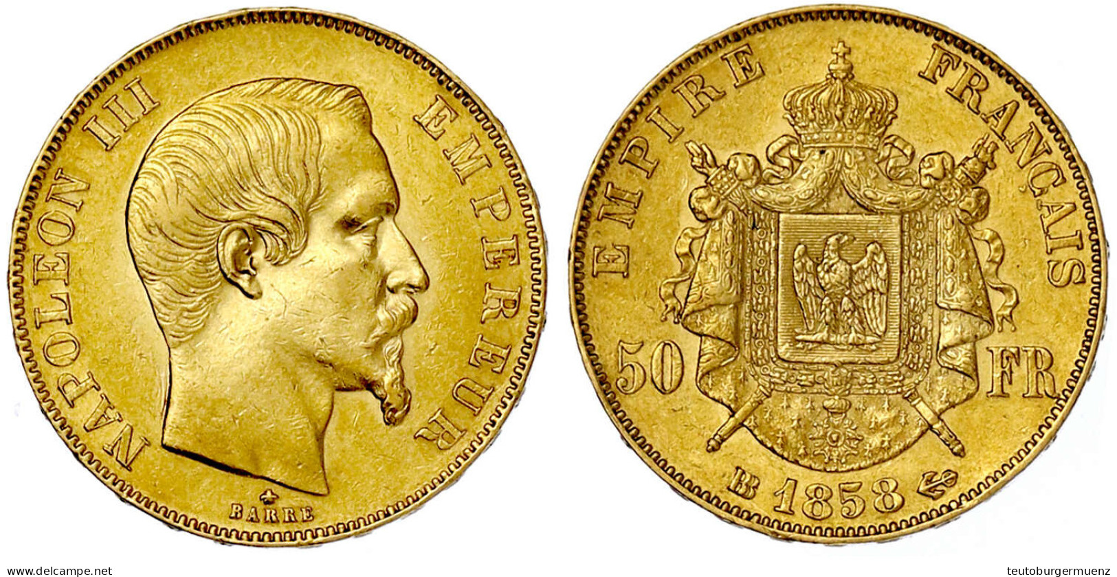 50 Francs 1858 BB, Straßburg. 16,13 G. 900/1000. Auflage Nur 9135 Ex. Vorzüglich, Winz. Randfehler. Krause/Mishler 785.2 - 50 Francs (or)