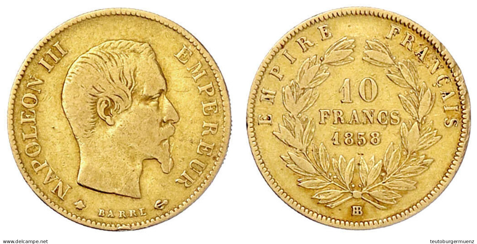 10 Francs 1858 BB, Straßburg. 3,23 G. 900/1000. Schön/sehr Schön, Randfehler. Gadoury 1014. - 10 Francs (goud)