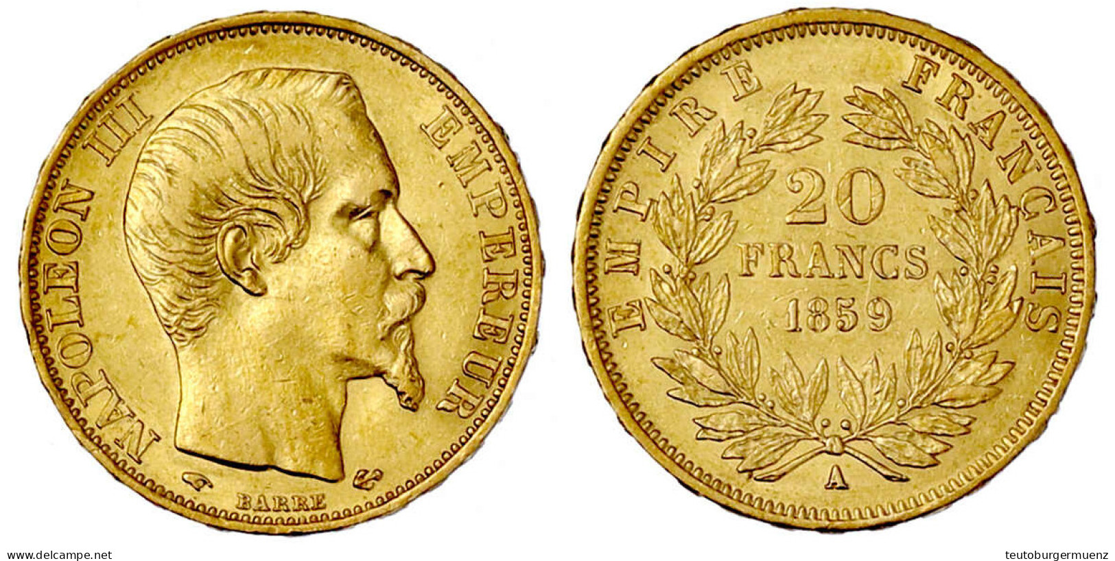 20 Francs 1859 A, Paris. 6,45 G. 900/1000. Vorzüglich. Krause/Mishler 781.1. Friedberg 573. Gadoury 1061. - 20 Francs (gold)