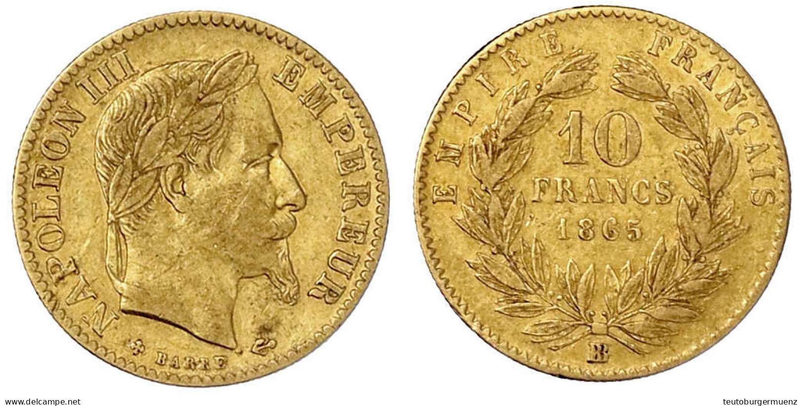 10 Francs Kopf Mit Lorbeerkranz 1865 BB, Straßburg. 3,23 G. 900/1000. Fast Sehr Schön. Gadoury 1015. - 10 Francs (or)