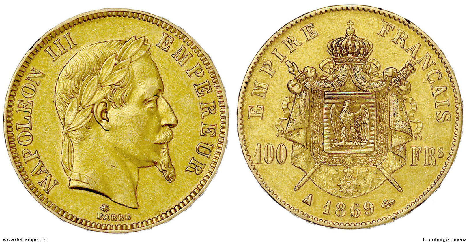 100 Francs 1869 A, Paris. 32,26 G. 900/1000. Vorzüglich, Kl. Randfehler. Krause/Mishler 802.1. Friedberg 580. - 100 Francs (oro)