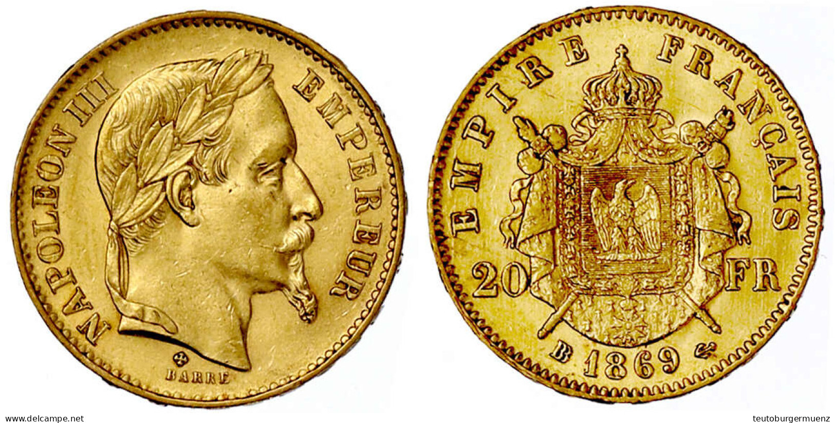 20 Francs 1869 BB, Straßburg. 6,45 G. 900/1000. Vorzüglich/Stempelglanz. Gadoury 1062. Krause/Mishler 801.2. - 20 Francs (gold)