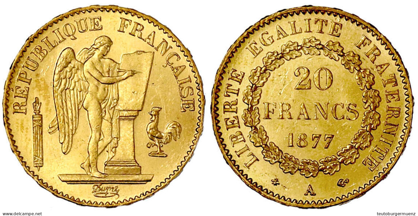 20 Francs Stehender Genius 1877 A, Paris. 6,45 G. 900/1000. Prägefrisch/fast Stempelglanz. Friedberg 592. Krause/Mishler - 20 Francs (gold)