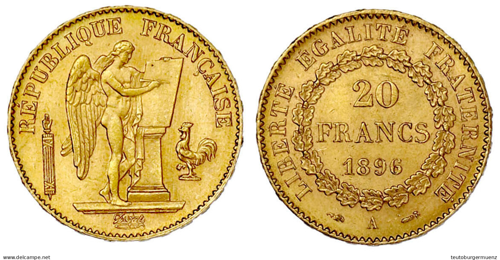 20 Francs Geflügelter Genius 1896 A. 6,45 G. 900/1000. Vorzüglich/Stempelglanz, Kl. Kratzer. Krause/Mishler 857. - 20 Francs (or)