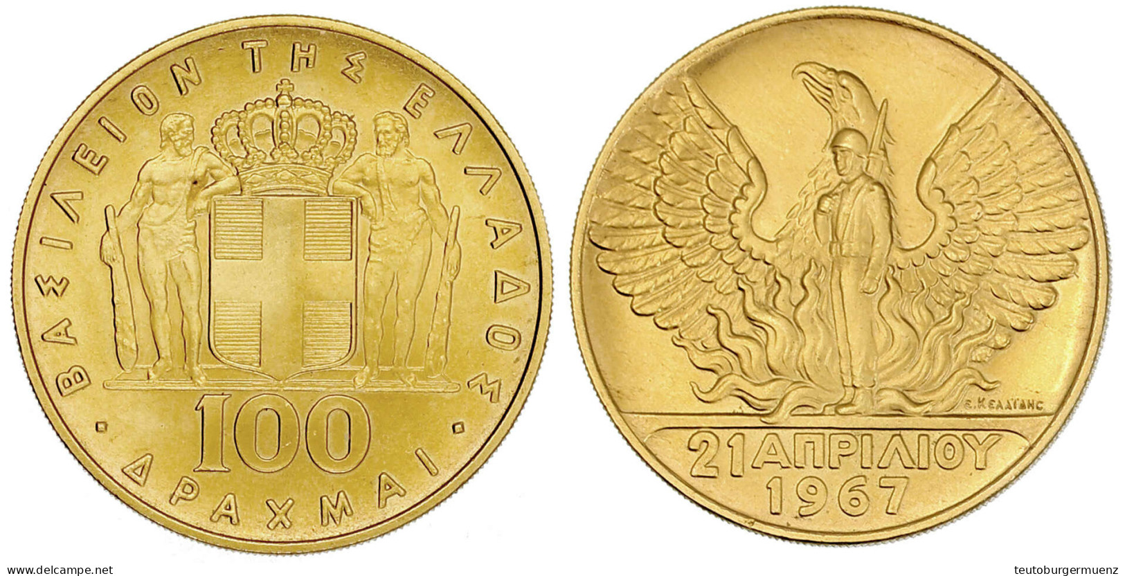 100 Drachmen 1967 (geprägt 1970). 32,25 G. 900/1000. Fast Stempelglanz, Prachtexemplar - Greece