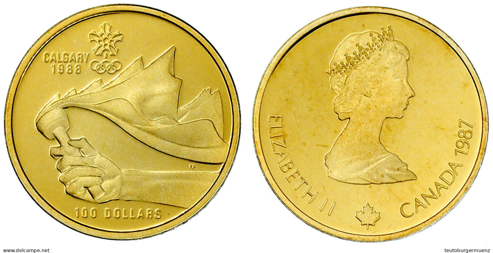100 Dollars 1987, Olympische Winterspiele In Calgary 1988. 13,33 G., 583/1000. In Kapsel. Polierte Platte. Krause/Mishle - Canada