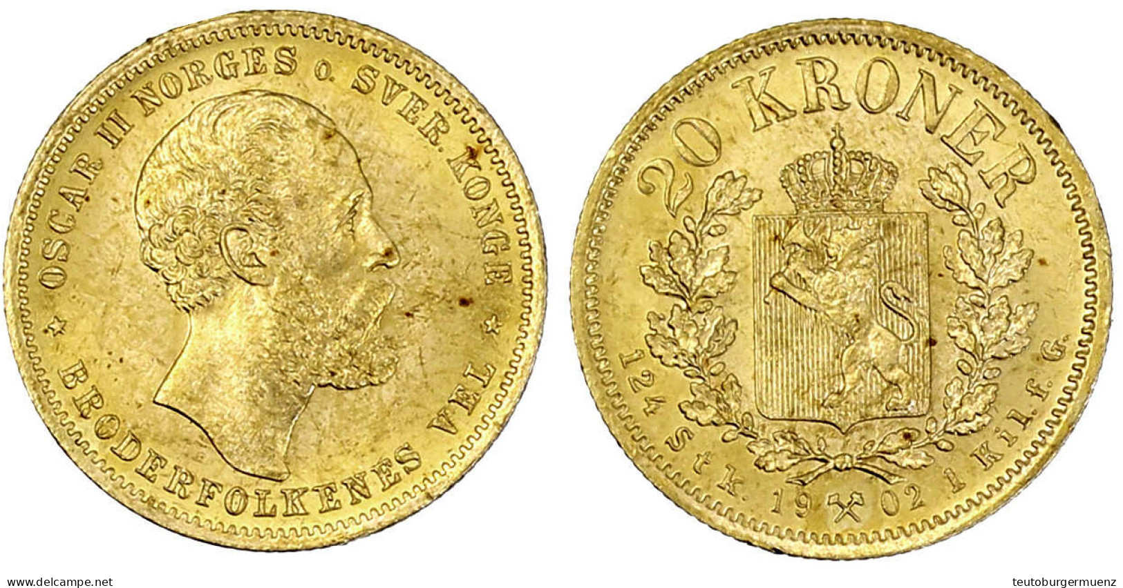 20 Kronen 1902. 8,96 G. 900/1000. Fast Stempelglanz, Min. Randfehler, Prachtexemplar. Friedberg 17. Sieg 104. - Norvège