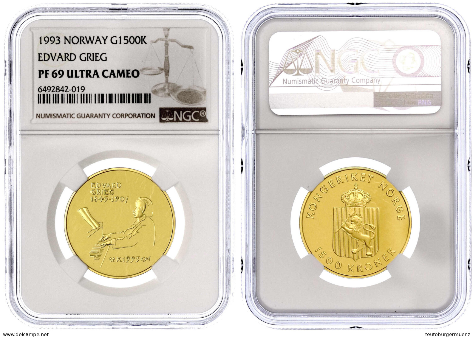 1500 Kronen 1993. Edward Grieg. In Kapsel. 16,96 G. 917/1000. Im NGC-Blister Mit Grading PF 69 Ultra Cameo (bisher Wurde - Norway