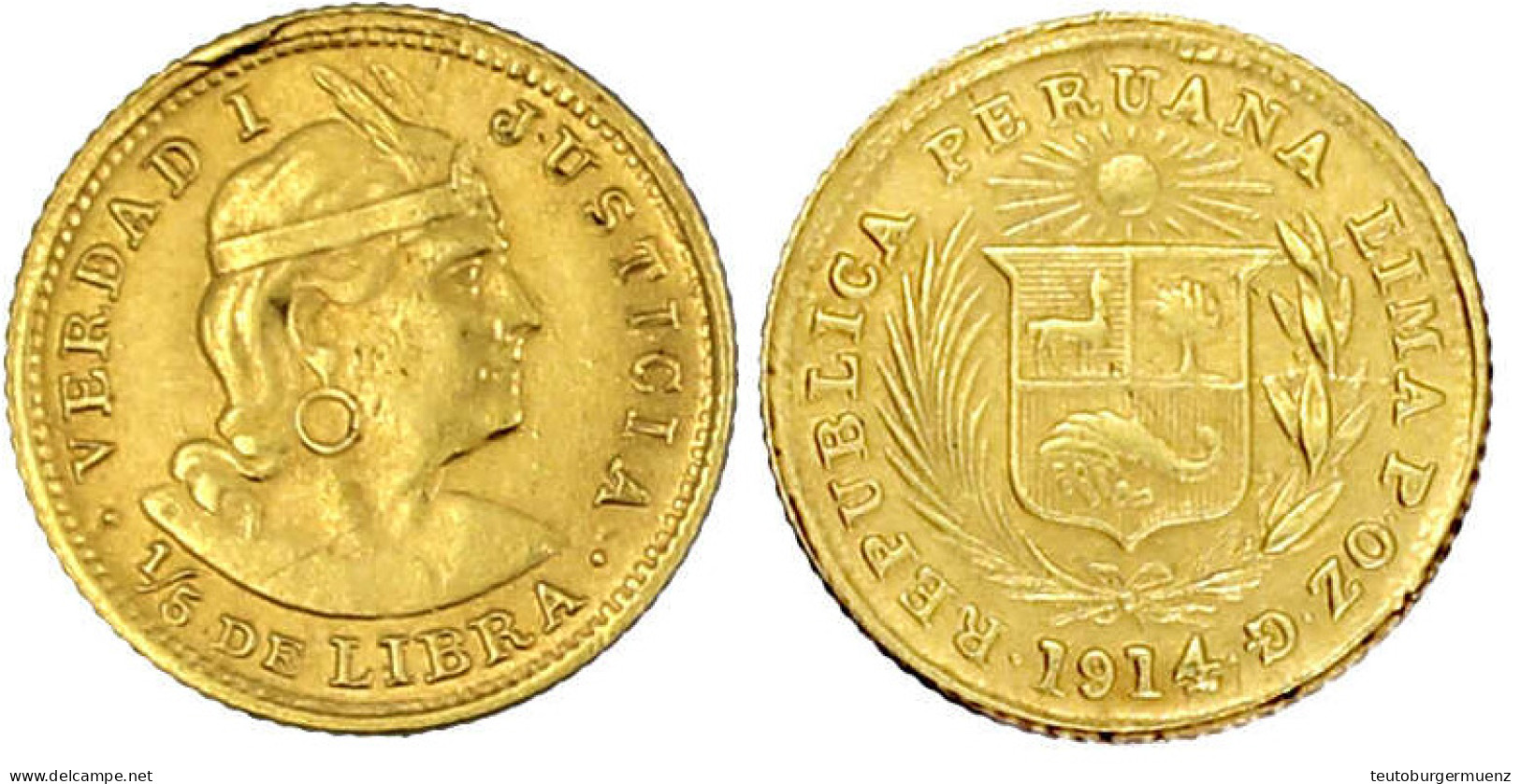 1/5 Libra (1/5 Pound) 1914. Je 1,60 G. 917/1000. Vorzüglich, Kl. Randfehler. Krause/Mishler 210. - Peru