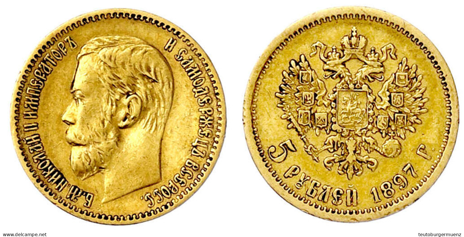 5 Rubel 1897, St. Petersburg. 4,30 G. 900/1000. Besseres Jahr. Sehr Schön/vorzüglich. Bitkin 18. Friedberg 180. - Rusia