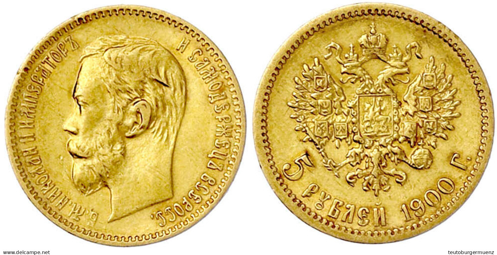 5 Rubel 1900, St. Petersburg. 4,30 G. 900/1000. Sehr Schön. Bitkin 26. Friedberg 180. - Rusia