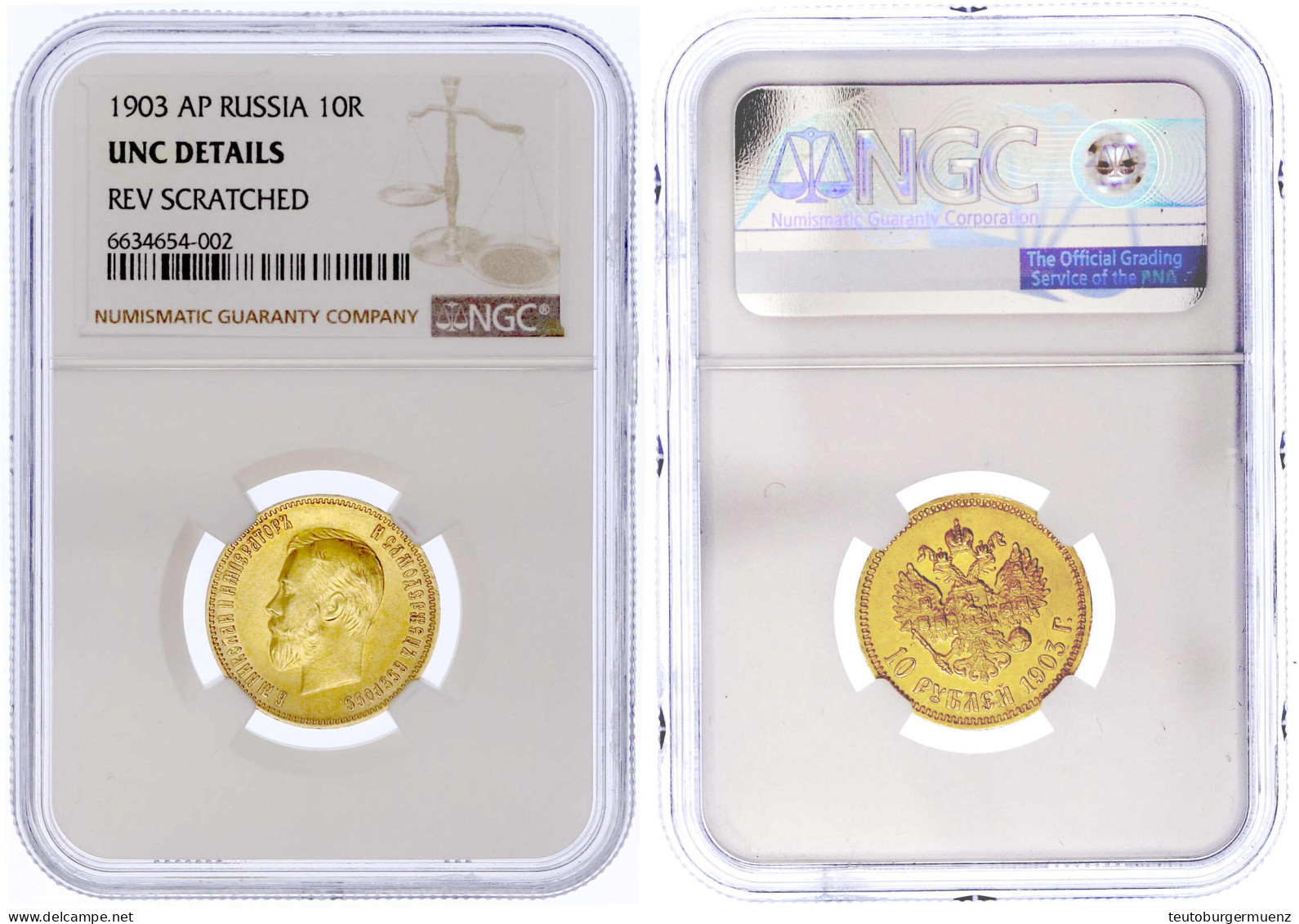 10 Rubel 1903, St. Petersburg. 8,60 G. 900/1000. NGC UNC Details Rev. Scratched. Bitkin 11. Friedberg 179. - Rusia