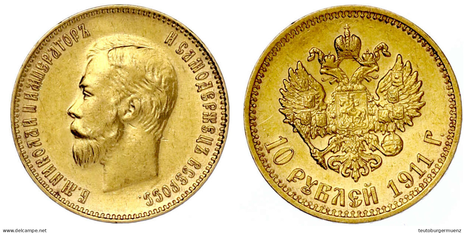 10 Rubel 1911, St. Petersburg. 8,60 G. 900/1000. Vorzüglich/Stempelglanz. Bitkin 16. Friedberg 179. - Russland