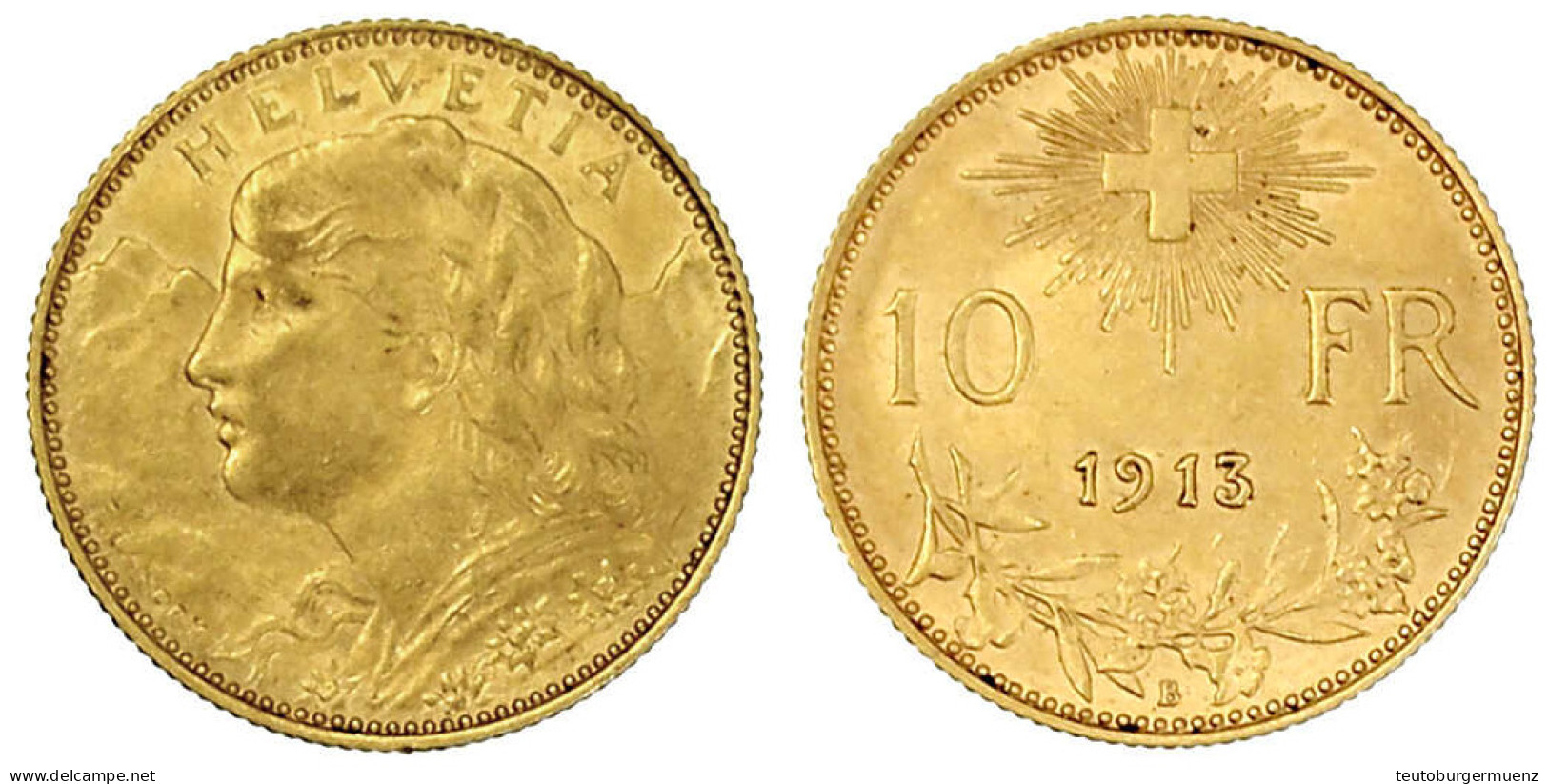 10 Franken Vreneli 1913 B. 3,23 G. 900/1000. Vorzüglich/Stempelglanz. Divo/Tobler 294. Friedberg 504. - Otros & Sin Clasificación