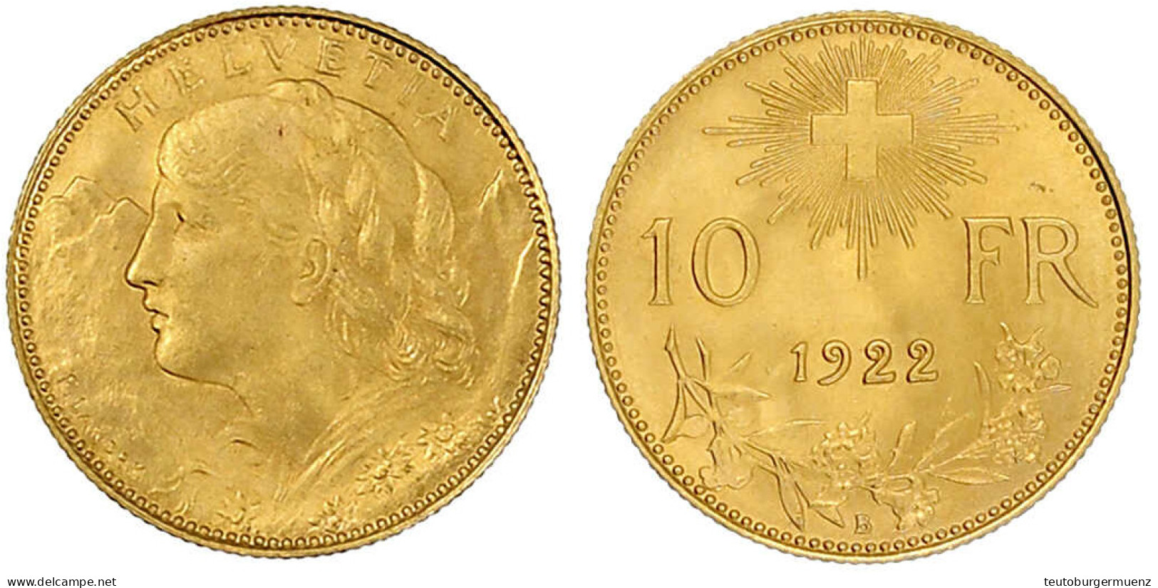 10 Franken Vreneli 1922 B. 3,23 G. 900/1000. Fast Stempelglanz. Divo/Tobler 294. Friedberg 504. - Other & Unclassified