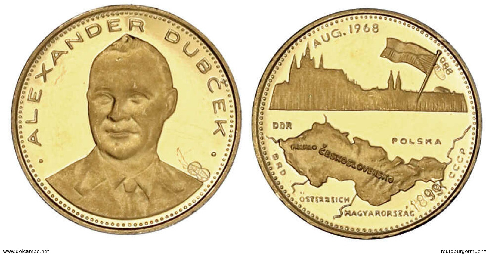 Dukat 1968. Alexander Dubcek. Brustb. V.v./Landkarte, Darüber Stadtsilhouette V. Prag Mit Fahne. 3,49 G. 986/1000. Nr. 1 - Czechoslovakia