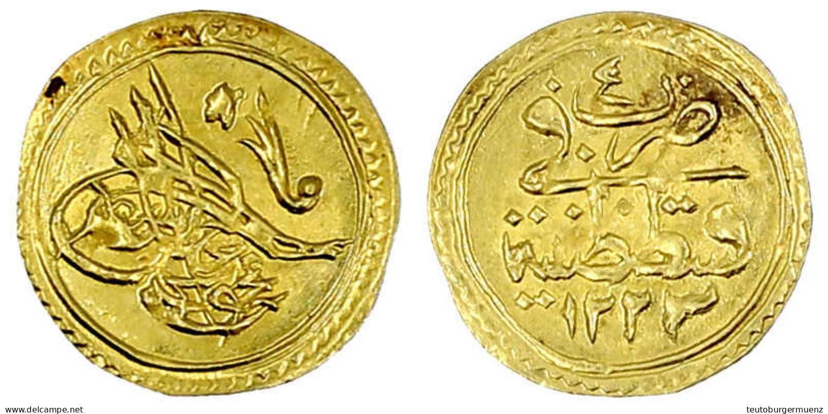 1/4 Zeri Mahbub AH 1223, Jahr 4 = 1811, Qustintiniyah. 0,79 G. Fast Stempelglanz. Krause/Mishler 608. - Türkei