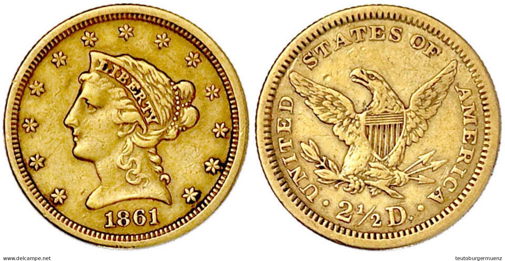 2 1/2 Dollars 1861, Philadelphia. 4,12 G. 900/1000. Sehr Schön. Krause/Mishler 72. - Sonstige & Ohne Zuordnung