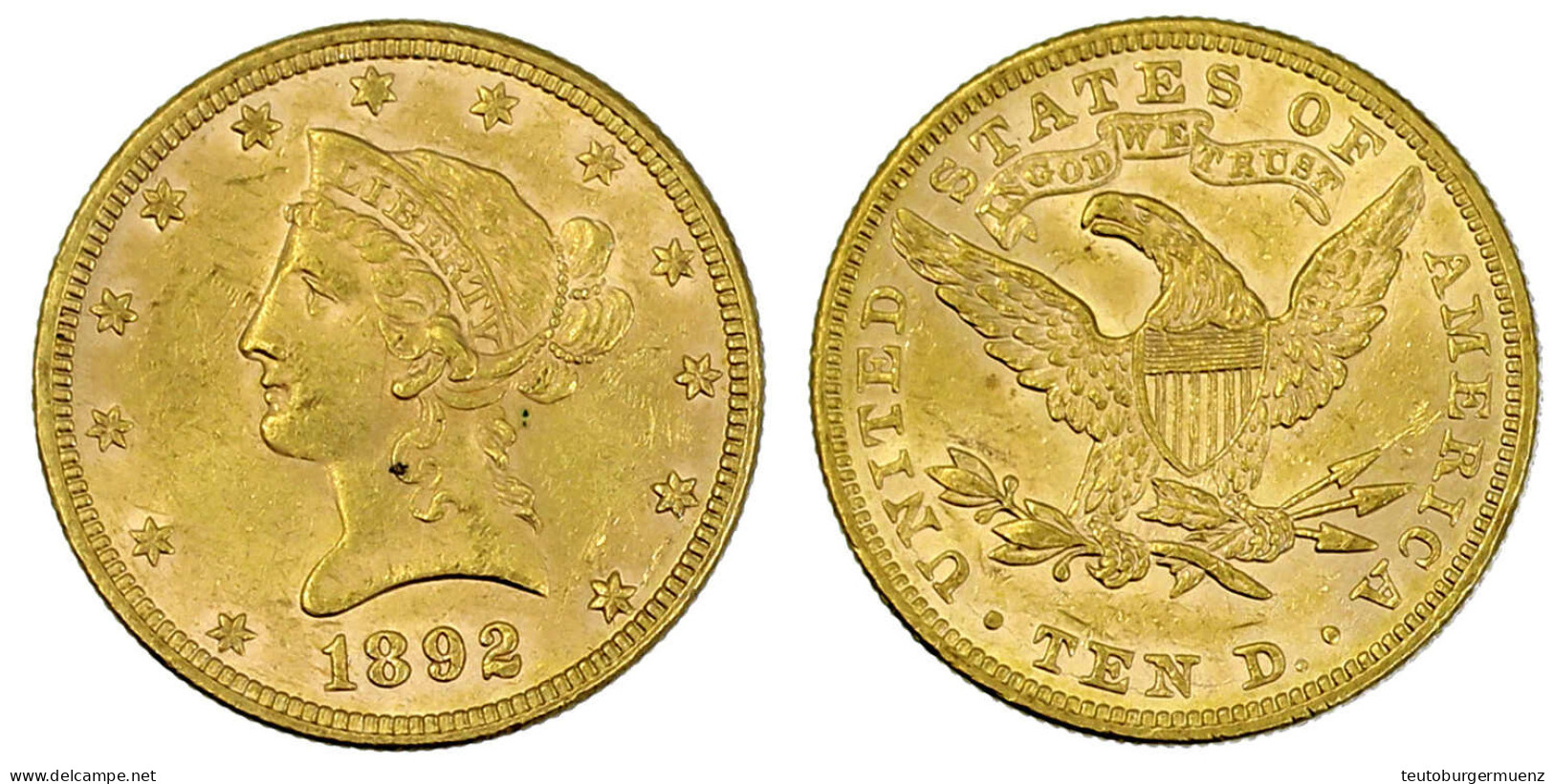 10 Dollars 1892, Philadelphia. Coronet Head. 16,72 G. 900/1000. Vorzüglich. Krause/Mishler 102. Friedberg 158. - Autres & Non Classés