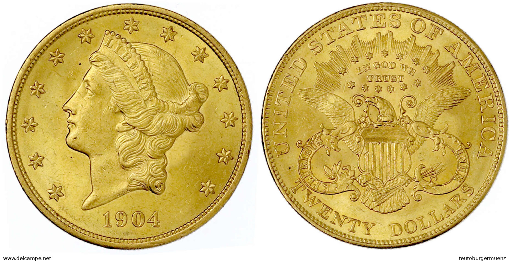 20 Dollars 1904, Philadelphia. Coroned Head. 33,44 G. 900/1000. Prägefrisch/fast Stempelglanz. Krause/Mishler 74.3. Frie - Other & Unclassified