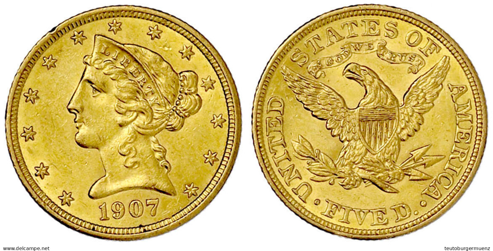 5 Dollars 1907, Philadelphia. 8,36 G. 900/1000 Vorzüglich/Stempelglanz, Min. Randfehler. Krause/Mishler 101. Friedberg 1 - Other & Unclassified