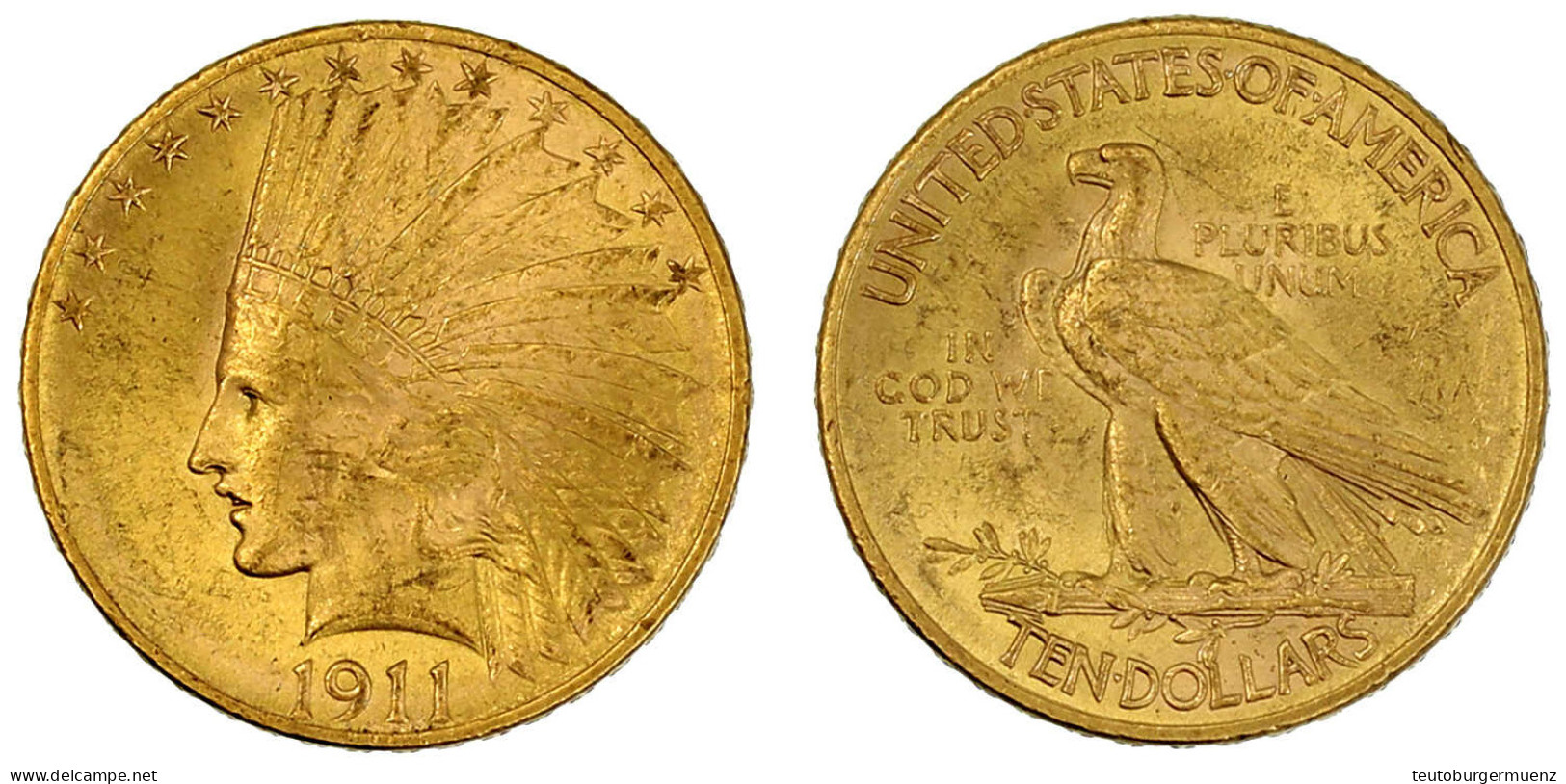 10 Dollars 1911, Philadelphia. Indian Head. 16,72 G. 900/1000. Vorzüglich/Stempelglanz, Kl. Kratzer. Krause/Mishler 130. - Otros & Sin Clasificación