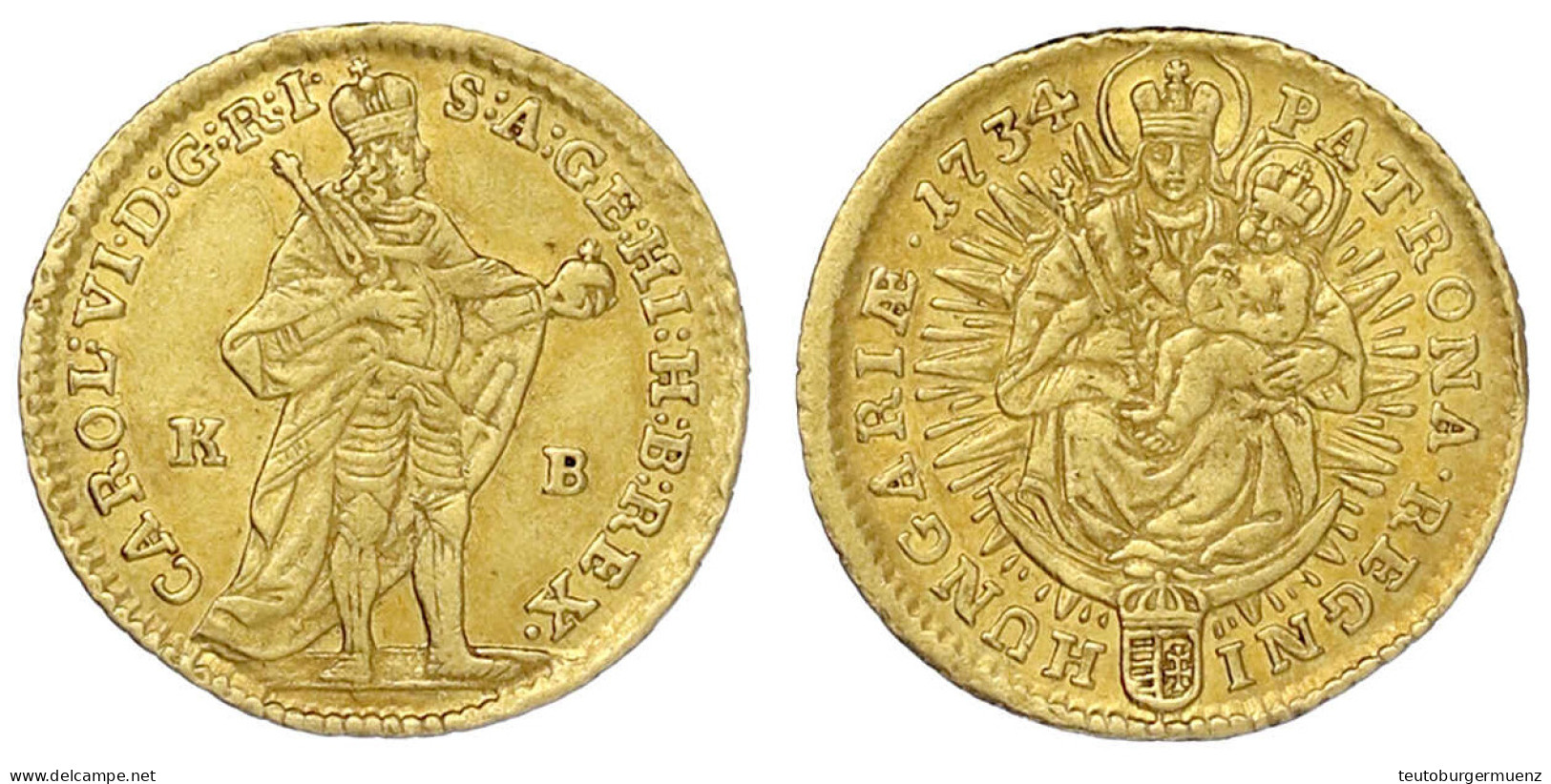 Dukat 1734 KB, Kremnitz. 3,45 G Vorzüglich, Kl. Prüfspur Am Rand, Selten. Herinek 161. Friedberg 171. Huszar 1586. - Gold Coins
