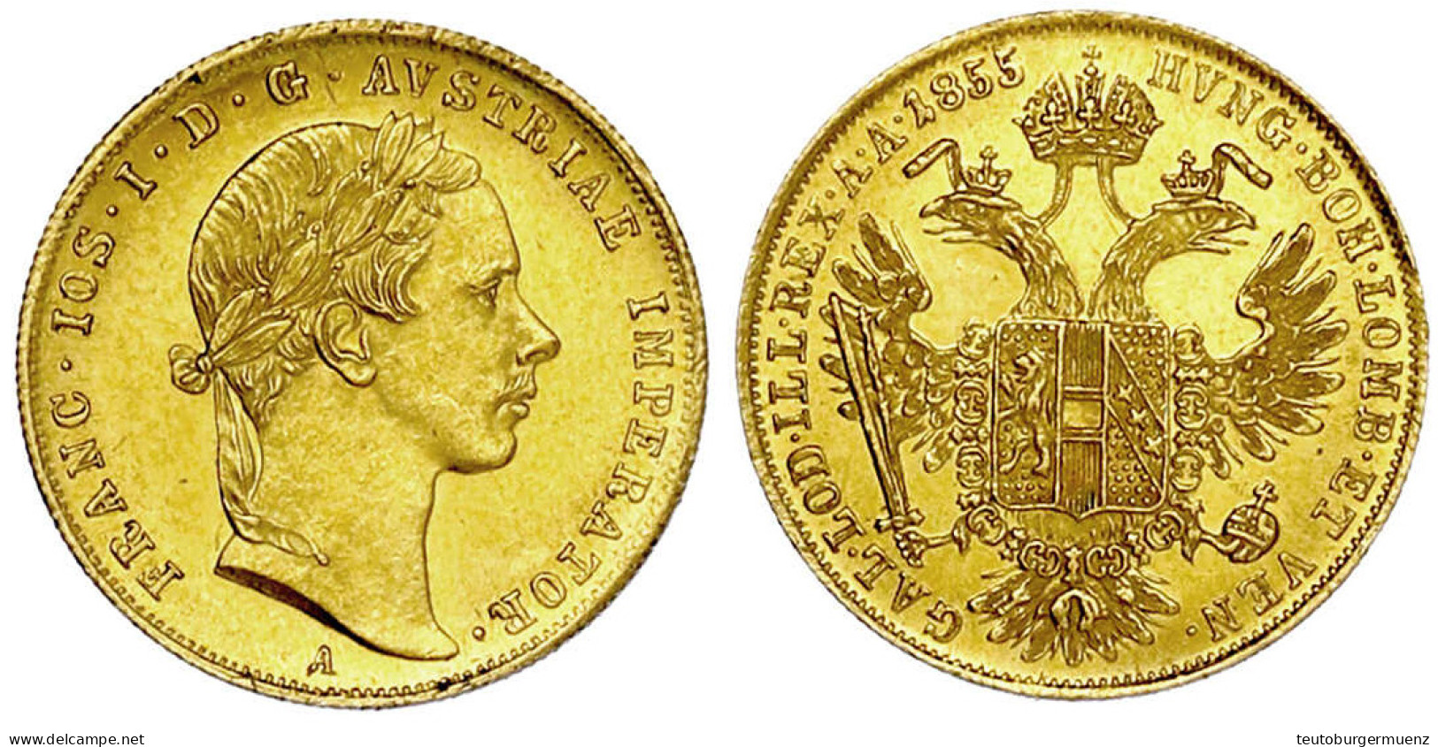 Dukat 1855 A, Wien. 3,50 G. Vorzüglich/Stempelglanz. Herinek 78. Friedberg 490. - Gold Coins