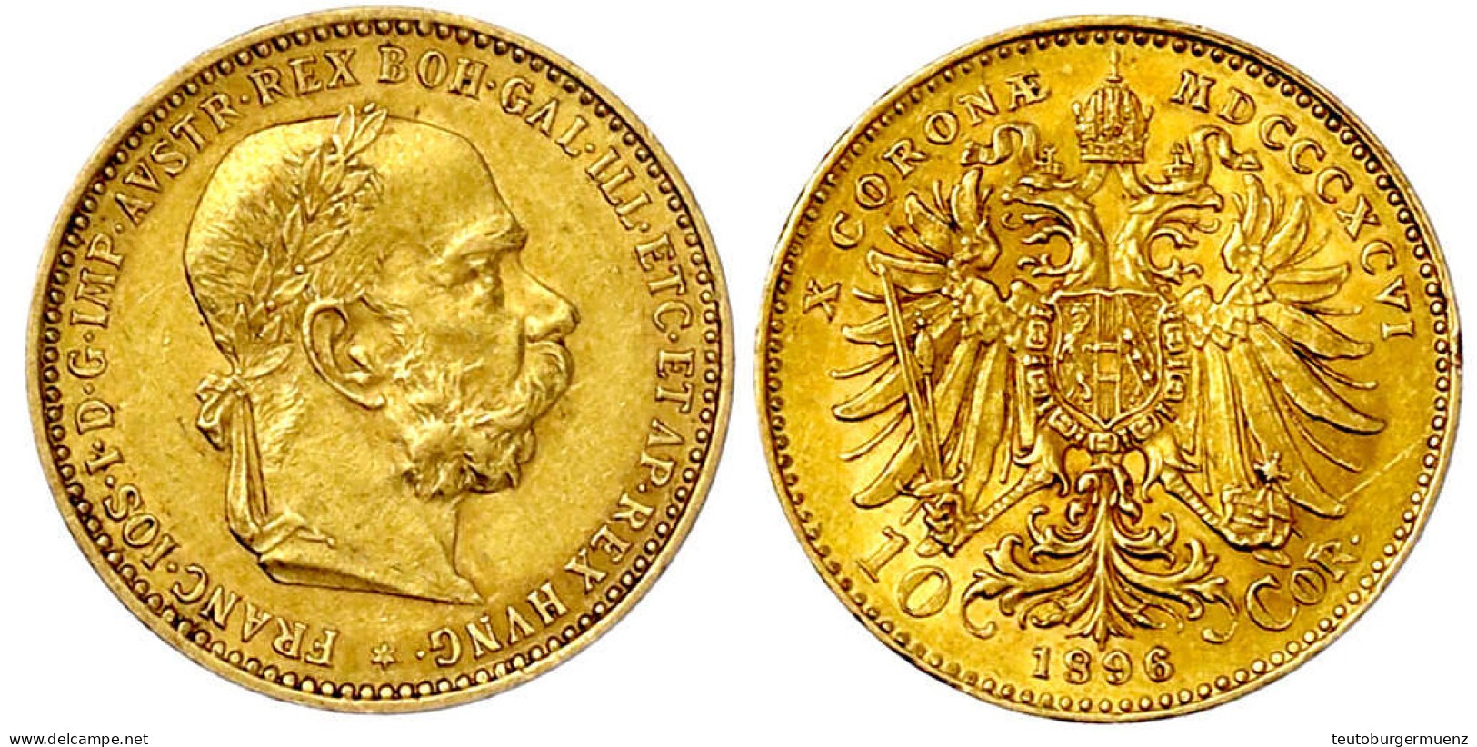 10 Kronen 1896. 3,39 G. 900/1000. Vorzüglich, Min. Randfehler. Herinek 382. Friedberg 422. - Goldmünzen