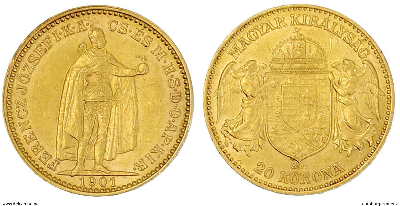 20 Korona 1901 KB. Stehender Herrscher. Für Ungarn. 6,78 G. 900/1000. Vorzüglich. Herinek 362. Friedberg 92. - Gold Coins