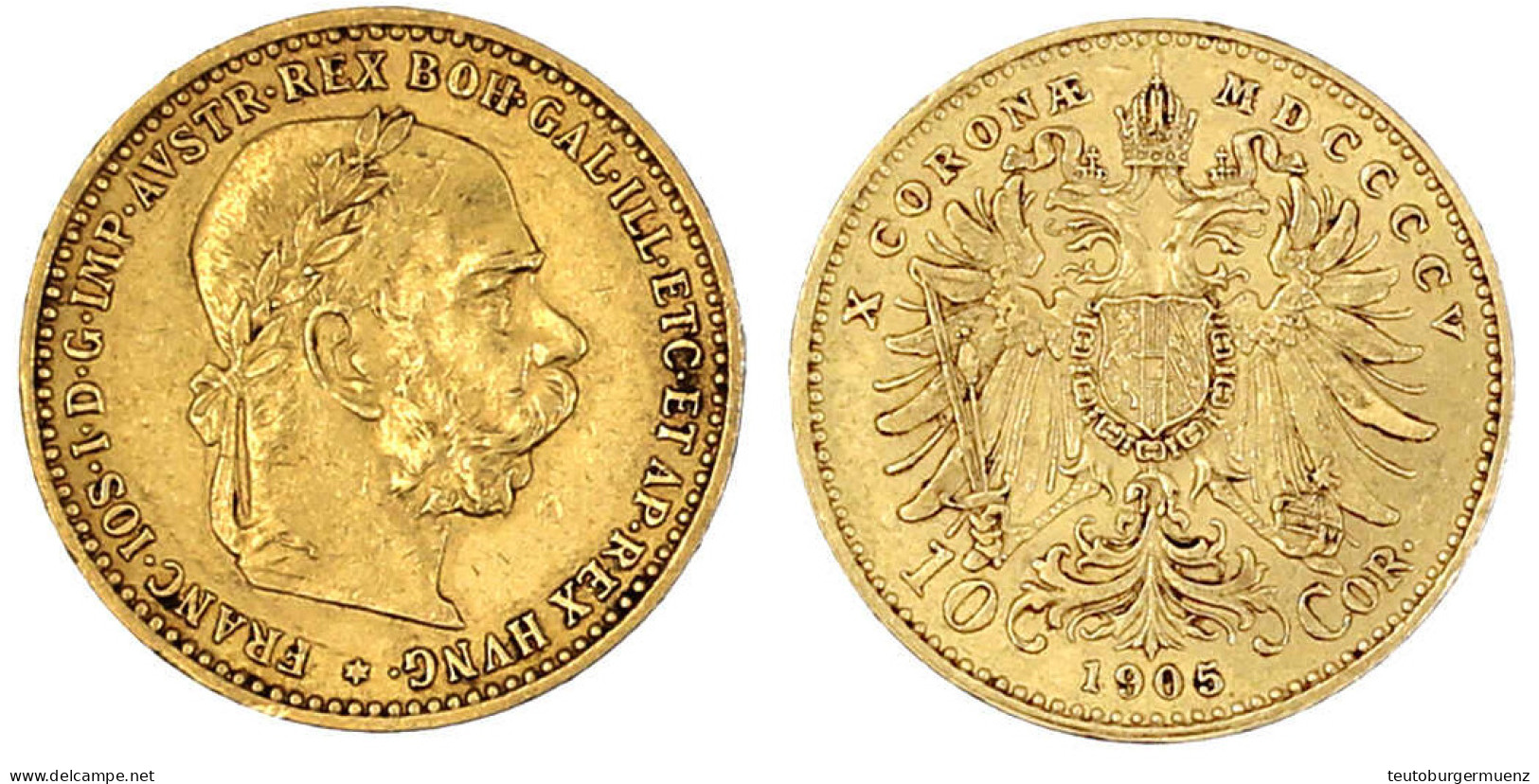 10 Kronen 1905. 3,39 G. 900/1000. Vorzüglich. Herinek 386. Friedberg 422. - Goldmünzen