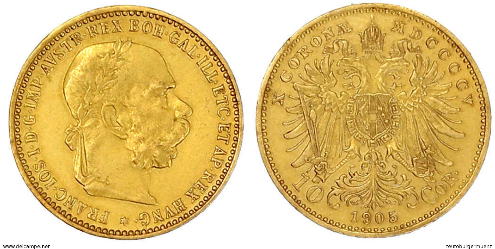 10 Kronen 1905. 3,39 G. 900/1000. Sehr Schön/vorzüglich. Herinek 386. Friedberg 422. - Gold Coins