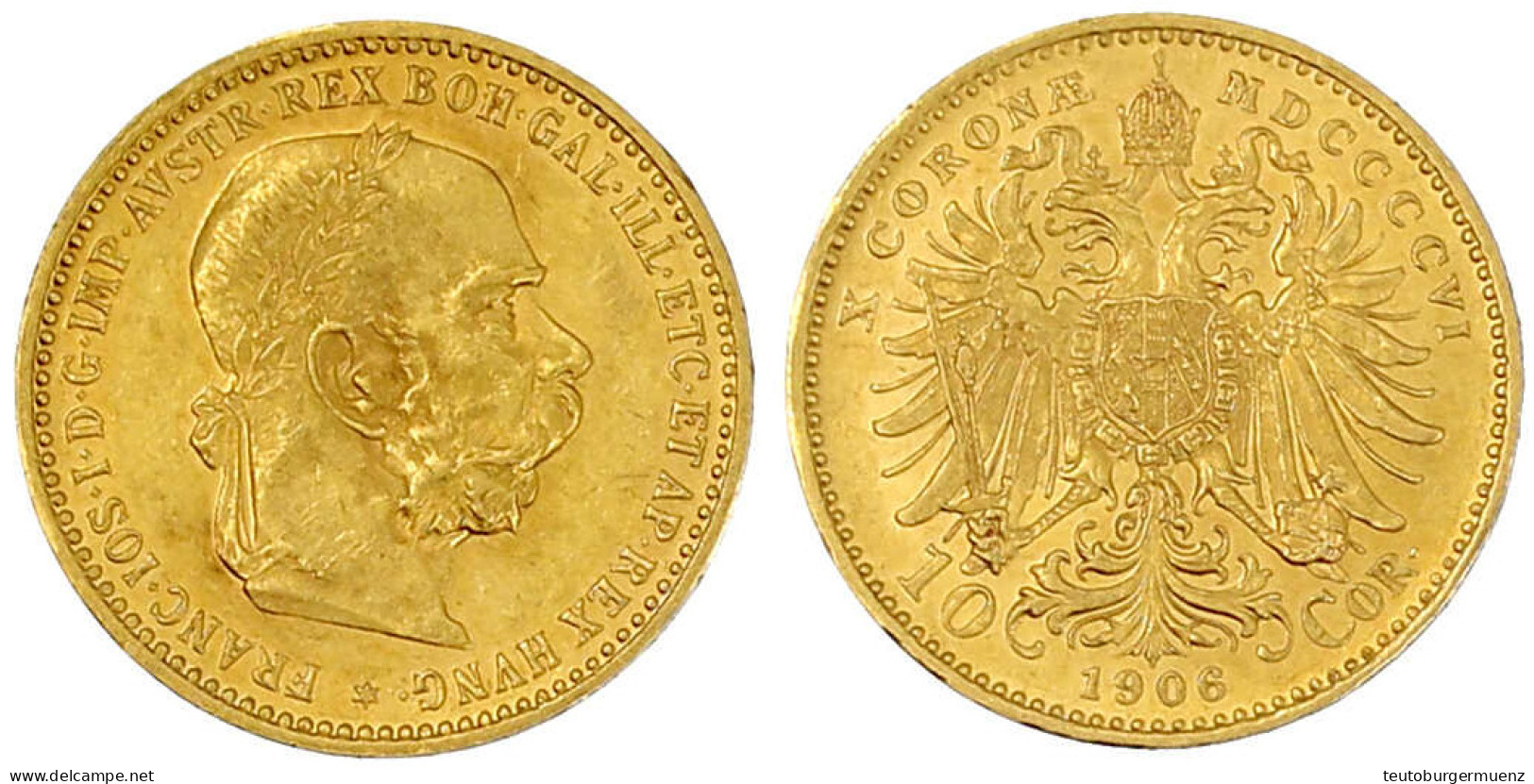 10 Kronen 1906. 3,39 G. 900/1000. Vorzüglich/Stempelglanz. Herinek 385. Friedberg 422. - Goldmünzen