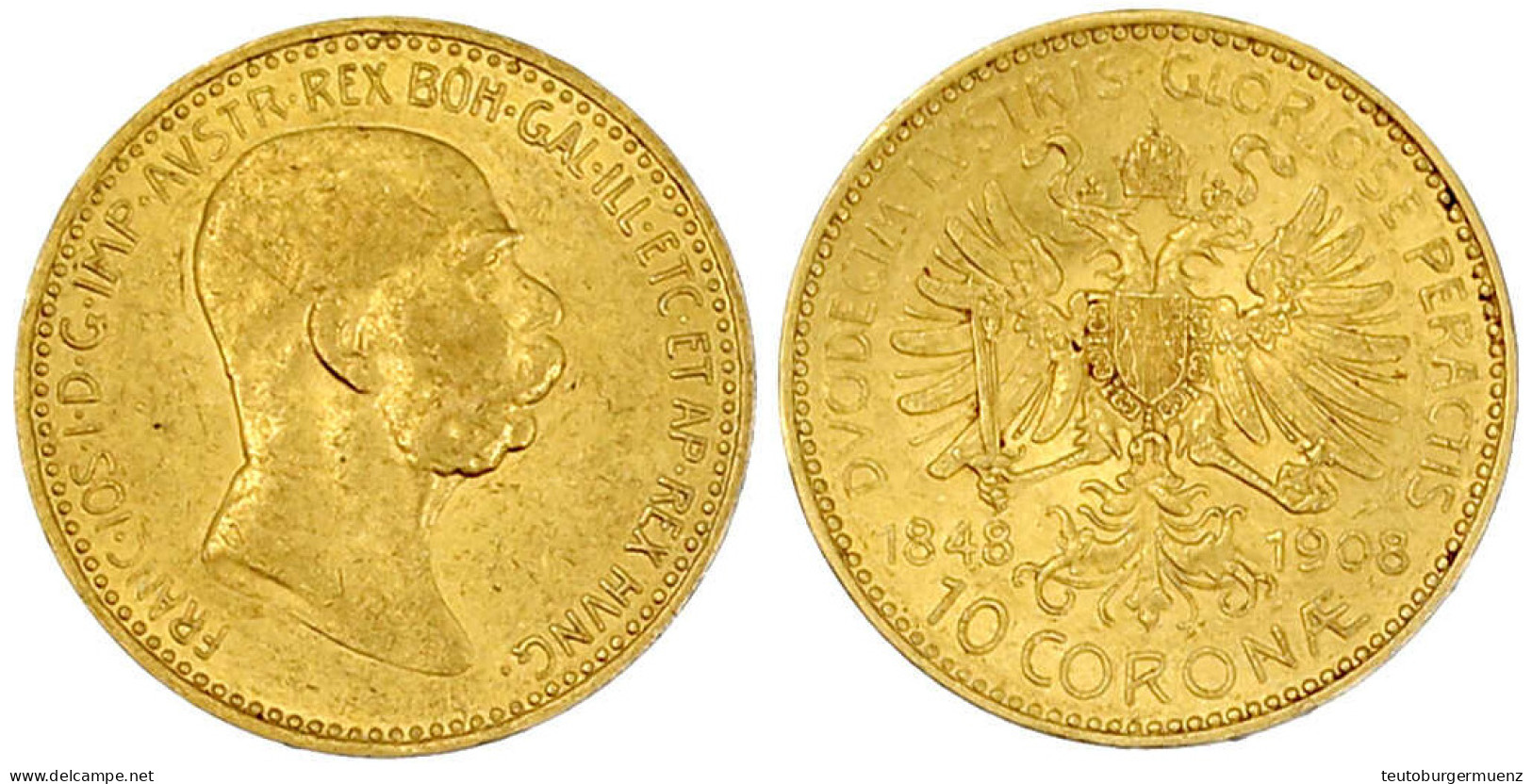 10 Kronen 1908. Regierungsjubiläum. 3,39 G. 900/1000. Vorzüglich, Etwas Gebogen. Herinek 386. Friedberg 516. - Gold Coins