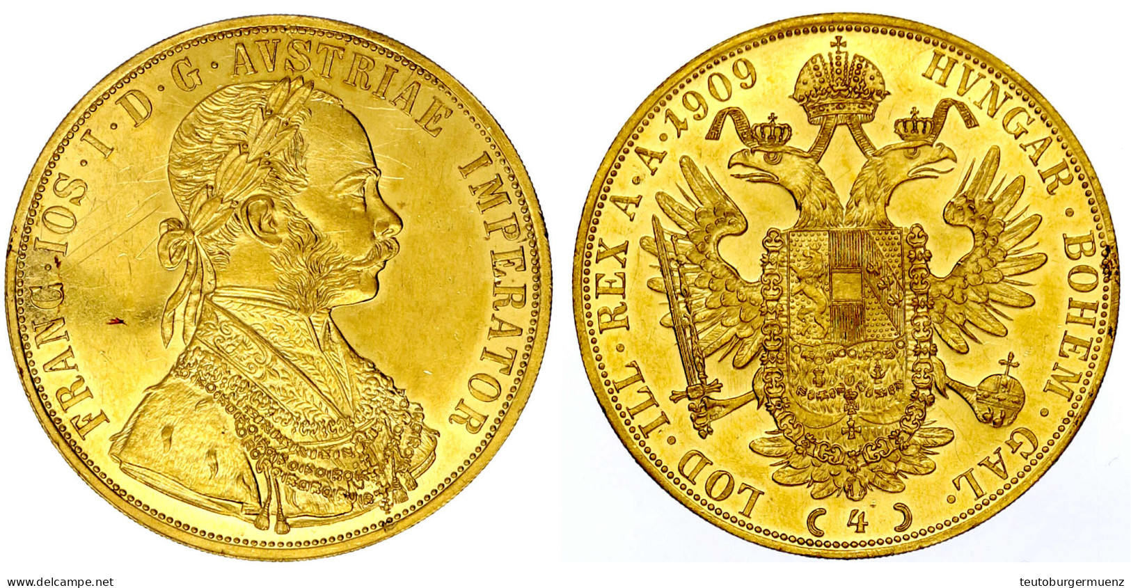 4 Dukaten 1909. 13,97 G. 986/1000. Vorzüglich, Kratzer, Selten. Herinek 64. - Gold Coins
