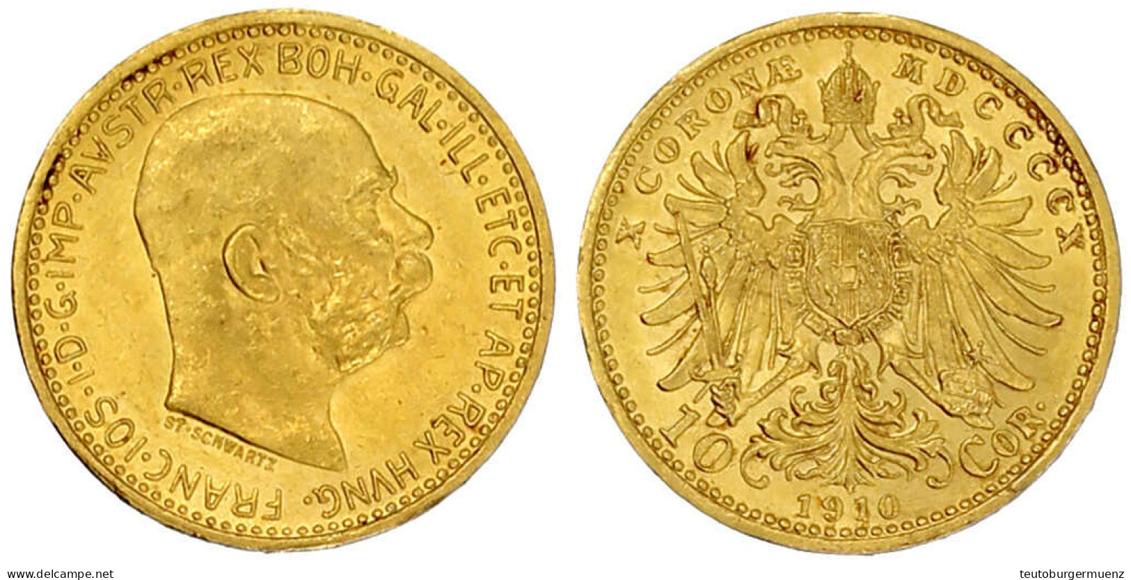 10 Kronen 1910. 3,39 G. 900/1000. Vorzüglich/Stempelglanz. Herinek 389. - Gold Coins