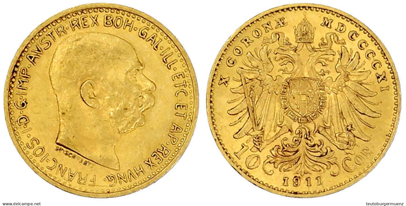 10 Kronen 1911. 3,39 G. 900/1000. Gutes Vorzüglich. Herinek 390. - Pièces De Monnaie D'or