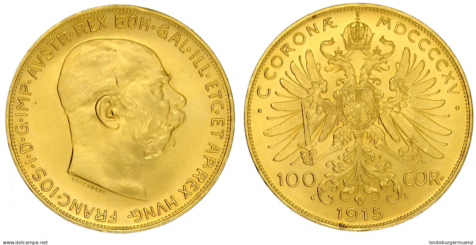 100 Kronen 1915, Offizielle Neuprägung. 33,88 G. 900/1000. Stempelglanz. Herinek 324. - Gold Coins