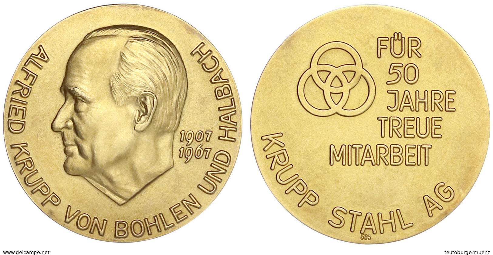 Goldmedaille Für 50 Jahre Treue Mitarbeit O.J. Kopf Alfred Krupp Von Bohlen Und Halbach 1907-1967/Firmenemblem Und Insch - Other & Unclassified