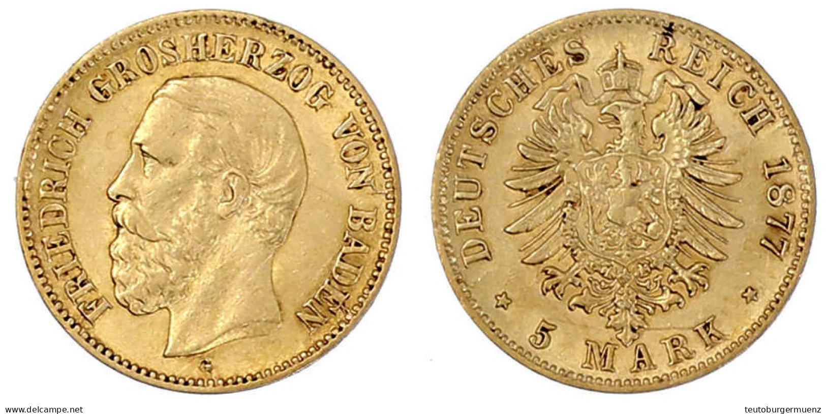 5 Mark 1877 G. Gutes Vorzüglich, Kl. Randfehler. Jaeger 185. - 5, 10 & 20 Mark Gold