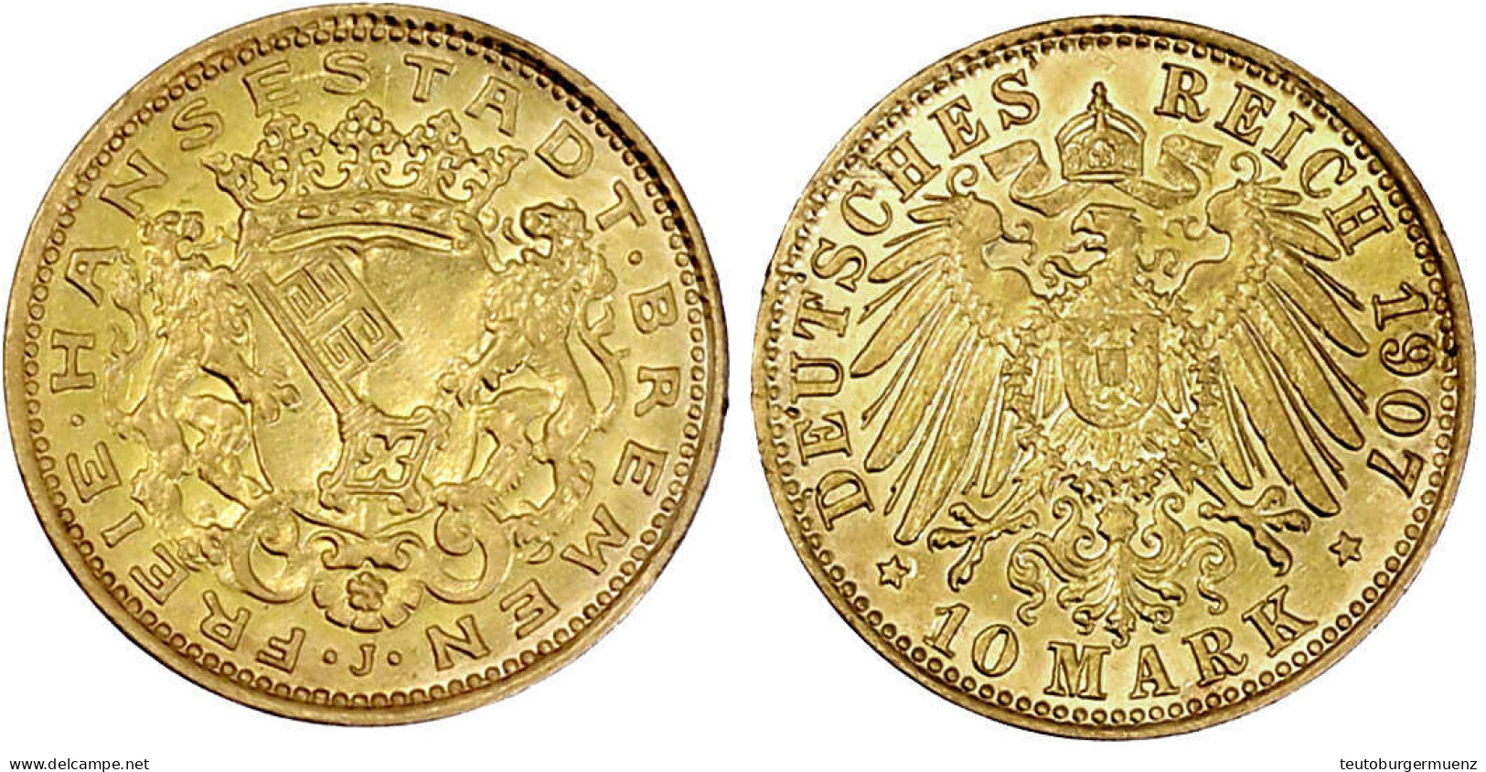 10 Mark 1907 J. Vorzüglich/Stempelglanz. Jaeger 204. - 5, 10 & 20 Mark Oro