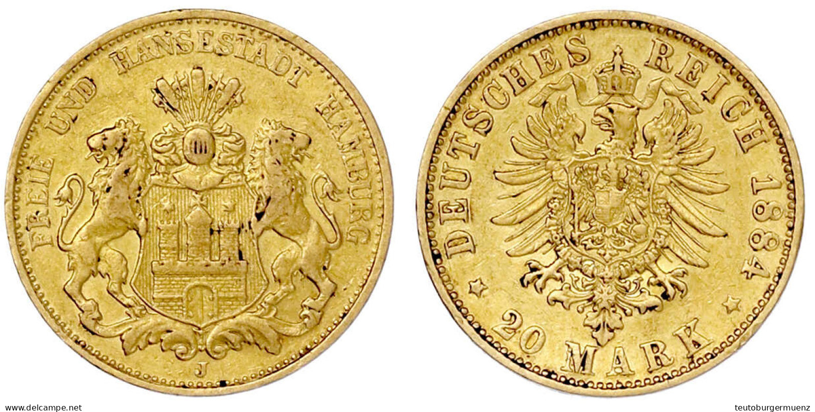 20 Mark 1884 J. Gutes Sehr Schön, Min. Randfehler. Jaeger 210. - 5, 10 & 20 Mark Gold