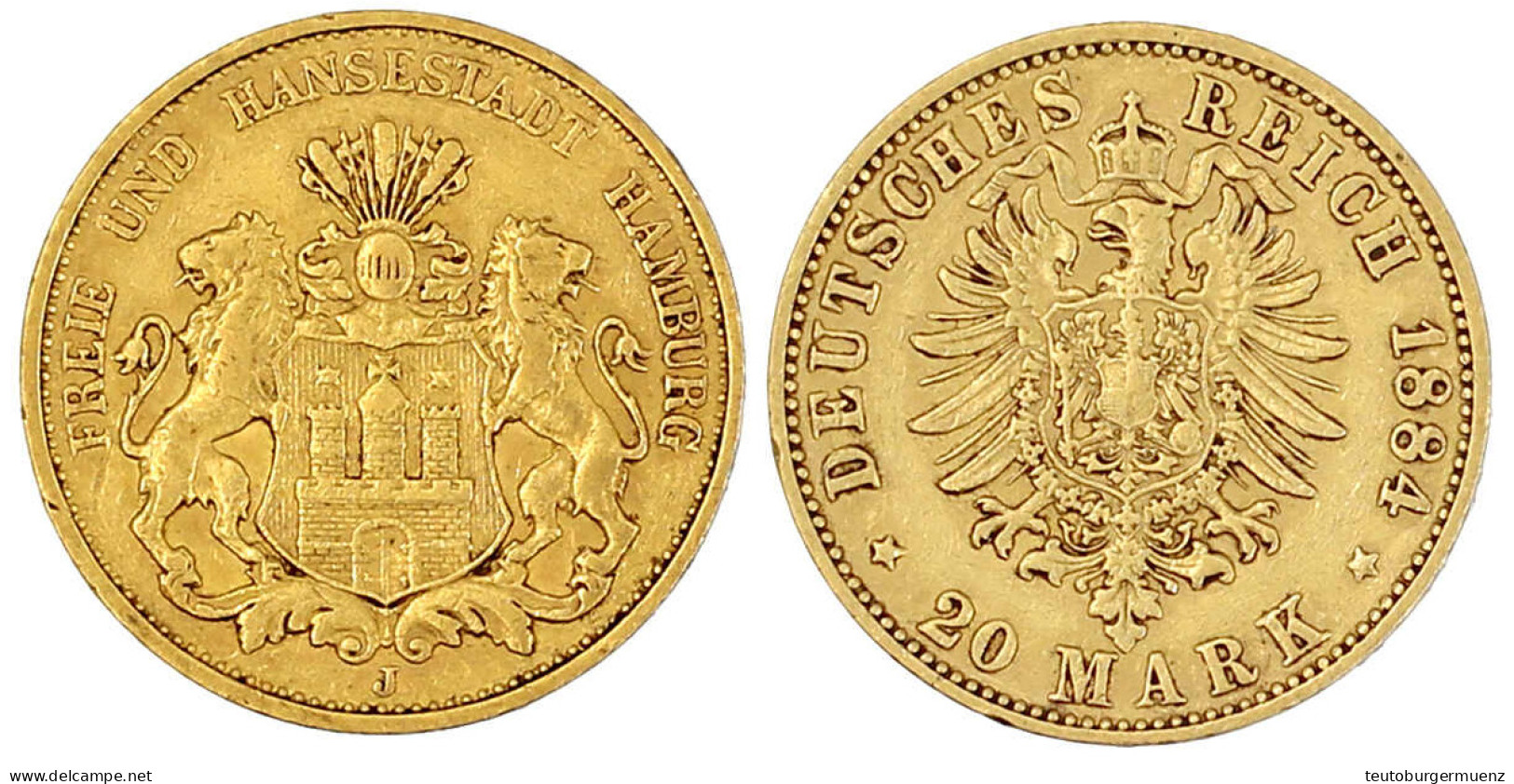 20 Mark 1884 J. Gutes Sehr Schön, Min. Randfehler. Jaeger 210. - 5, 10 & 20 Mark Or