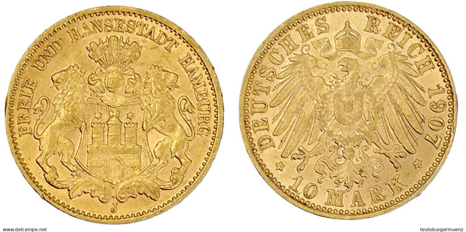 10 Mark 1907 J. Vorzüglich/Stempelglanz, Min. Randfehler. Jaeger 211. - 5, 10 & 20 Mark Gold