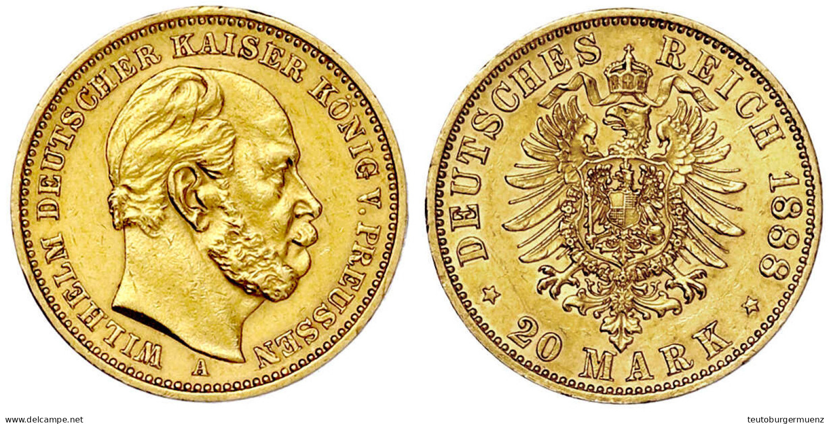 20 Mark 1888 A. Dreikaiserjahr. Vorzüglich, Kl. Randfehler Und Min. Berieben. Jaeger 246. - 5, 10 & 20 Mark Oro