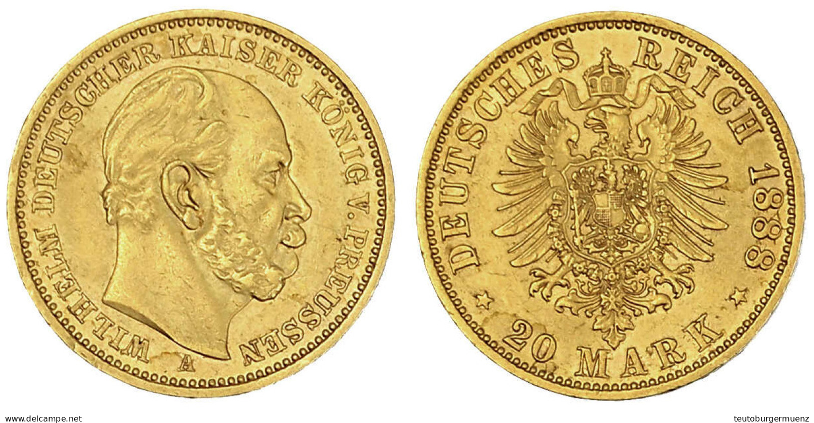 20 Mark 1888 A. Dreikaiserjahr. Vorzüglich. Jaeger 246. - 5, 10 & 20 Mark Oro