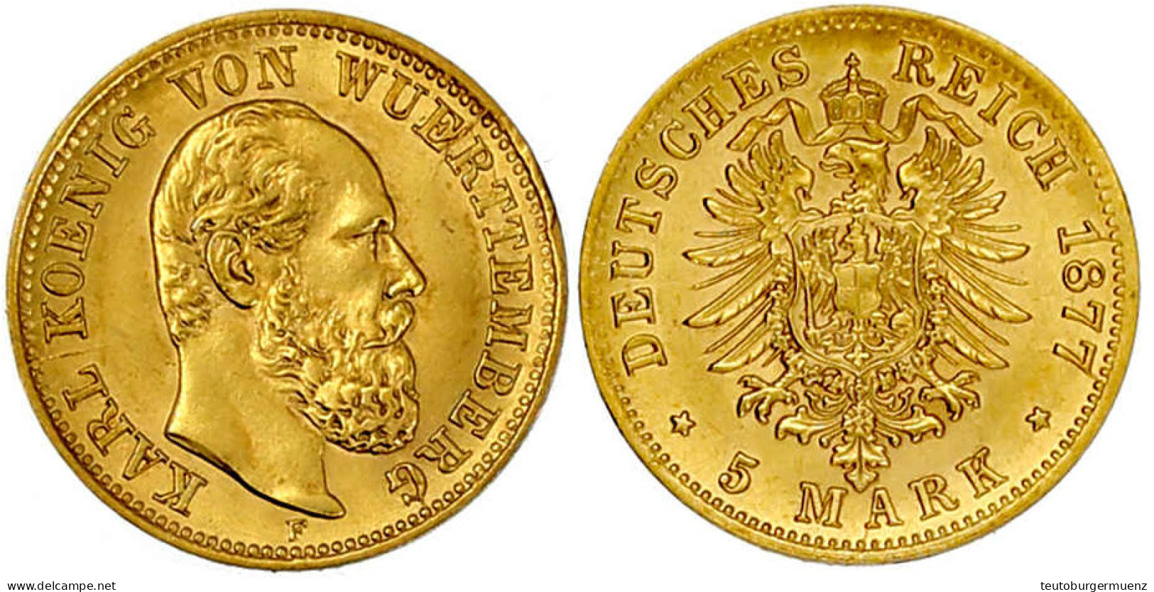 5 Mark 1877 F. Vorzüglich/Stempelglanz, Min. Prägebed. Randunebenheiten. Jaeger 291. - 5, 10 & 20 Mark Gold