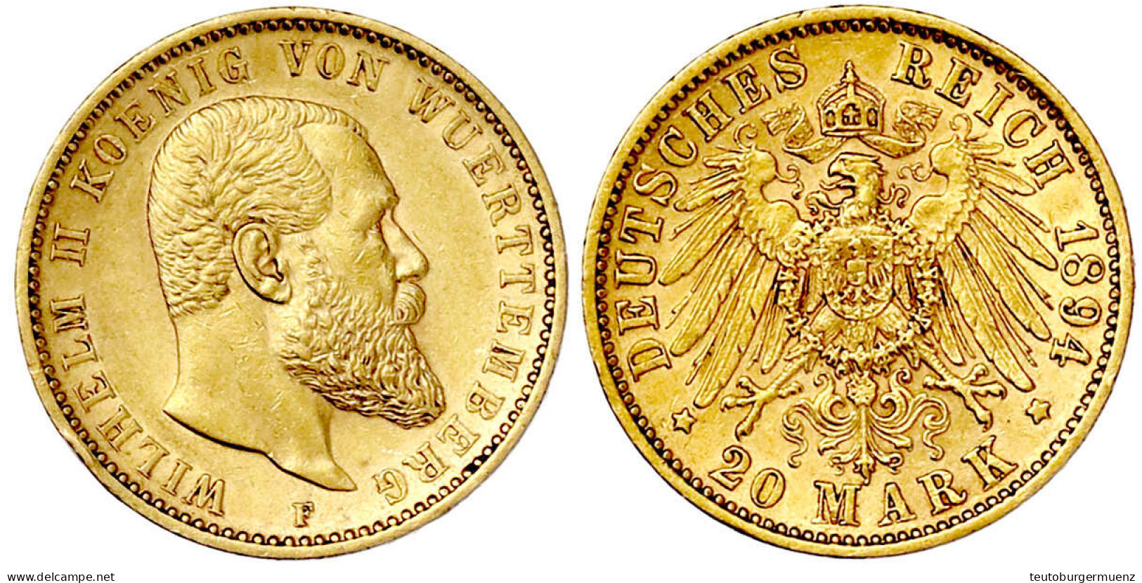 20 Mark 1894 F. Vorzüglich, Kl. Randfehler. Jaeger 296. - 5, 10 & 20 Mark Oro