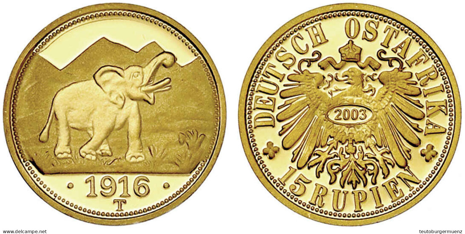 Neuprägung Zum 15 Rupien-Stück 1916 T, Elefant (2003). 3,57 G. 585/1000. Polierte Platte. Jaeger N 728 (NP). - German East Africa